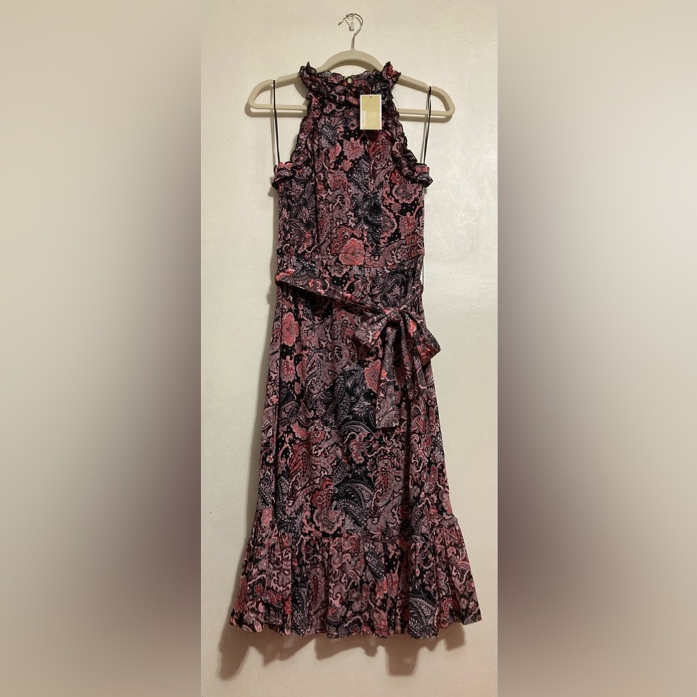 MICHAEL KORS  PAISLEY PRINT RUFFLE NECK MIDI GERMANIUM SMALL DRESS